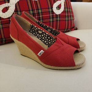 TOMS Red Canvas Peep Toe Espadrille Wedges